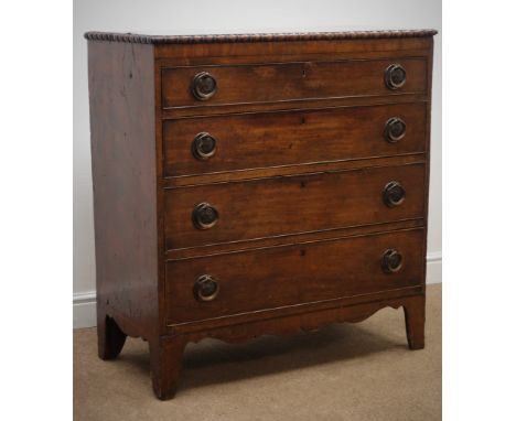 Early 19th century mahogany chest of four cockbeaded graduating drawers, with pine sides,  reel and bobbin mouldings, on shap