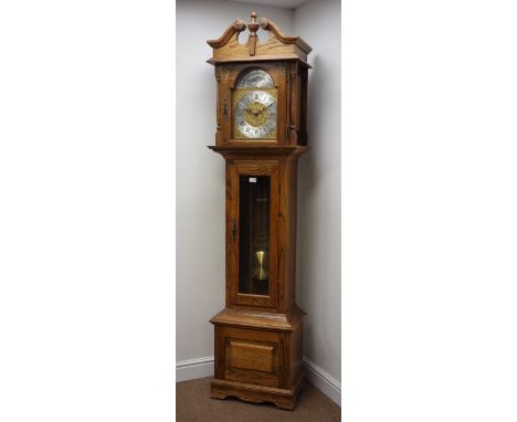 Emperor three chime light oak longcase clock, triple weight movement chiming the quarter hours on rods, swan necked pediment 