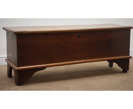 George lll oak planked coffer, with hinged lid on bracket supports, W134cm, H152cm, D40cm Condition Report Click here for fur