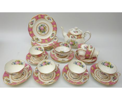 Royal Albert Lady Carlyle tea set comprising teapot, seven cups & saucers, six plates, soup bowl, saucer and tea plate (24) C