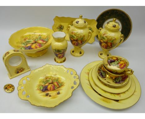 Fifteen pieces of Aynsley 'Orchard Gold' pattern table ware and decorative ceramics including pair two handled urn shaped vas