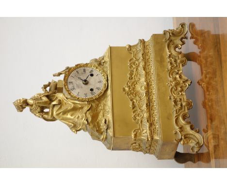 Late 19th century French gilt metal figural mantel clock with seated female figure and circular silvered dial, modern movemen
