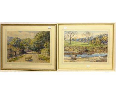 'Kettlewell from Park Gill' and Sheep by the Riverside, two watercolours signed by Florence R Walker, 36cm x 51cm Condition R