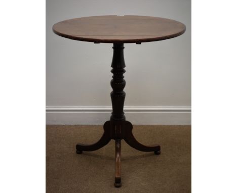 19th century mahogany circular tripod table, single turned column, shaped supports, D66cm, H75cm Condition Report Click here 
