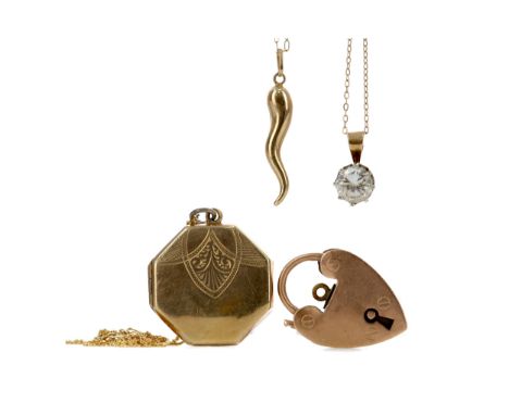 GEM SET NECKLACE, in nine carat gold, along with a cornicello necklace, broken box link chain, 9CT back and front locket, and