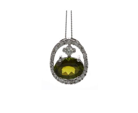TOURMALINE AND DIAMOND PENDANT, set with an oval tourmaline withing a round brilliant cut diamond halo, marked 750, on a chai
