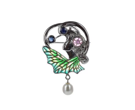 PLIQUE A JOUR ART NOUVEAU STYLE BROOCH, depicting a female in profile facing left, with enamel and ruby flower hair decoratio
