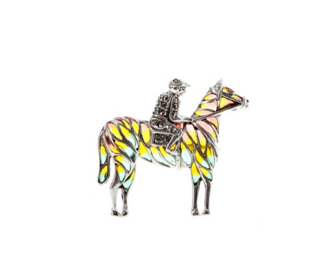 PLIQUE A JOUR HORSE AND JOCKEY BROOCH, the jockey set with marcasite and the horse with orange, green and yellow enamel, mark