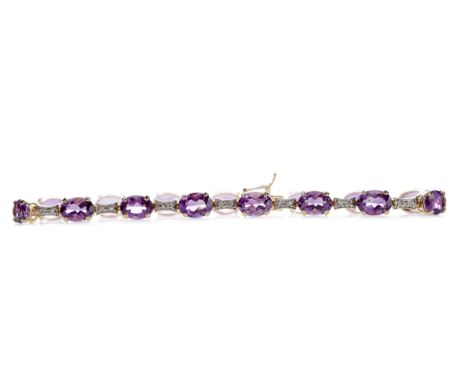 AMETHYST AND DIAMOND BRACELET, set with oval amethysts totalling approximately 8.50 carats, interspaced by pairs of round bri