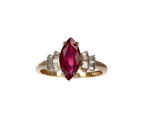 RUBY AND DIAMOND RING, set with a marquise shaped ruby of approximately 2.00 carats flanked by tapered baguette cut diamonds 