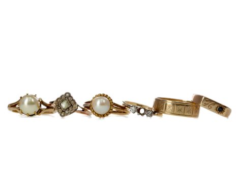 GROUP OF SIX RINGS, comprising two faux pearl examples, each marked for nine carat gold, nine carat gold wedding band, unmark