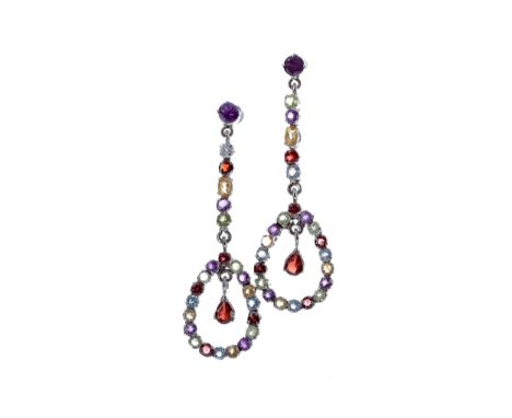 PAIR OF MULTICOLOURED GEM SET EARRINGS, the openwork teardrop section with central suspended garnet, including topaz, garnet 
