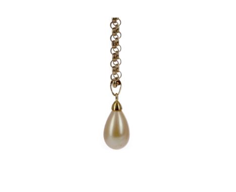 GOLD CHAIN AND A FAUX PEARL PENDANT, the teardrop shaped faux pearl on a belcher chain 48cm long, 11.7g