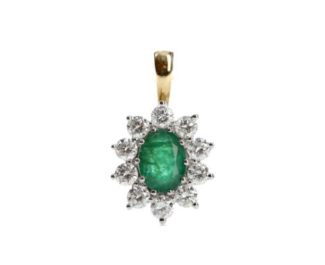 EMERALD AND DIAMOND PENDANT, set with 1.00 carat, within a halo of round brilliant cut diamonds totalling approximately 1.25 