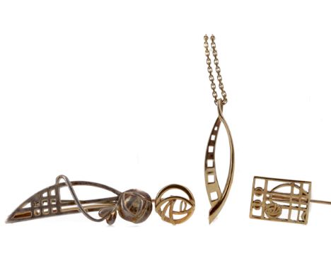 COLLECTION OF RENNIE MACKINTOSH STYLE JEWELLERY, including two pairs of nine carat gold earrings, two stick pins, one in nine