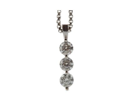 DIAMOND THREE STONE PENDANT, set with three round brilliant cut diamonds of approximately 0.70 carats each, on a chain marked