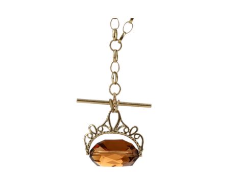 SWIVEL FOB ON CHAIN, in nine carat gold with faceted orange gem, on a belcher chain, the jump ring marked for nine carat gold