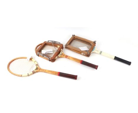 Five vintage wooden tennis racquets comprising Dunlop Max Ply (circa 1935), Dunlop Alpha (circa 1938), The Victory (circa 193