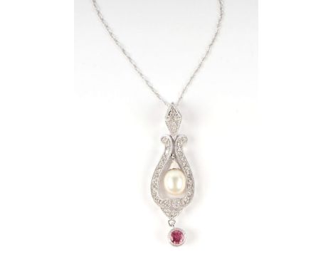 A 14ct white gold diamond, pearl and ruby pendant of lyre form, on a chain, 3.5g.