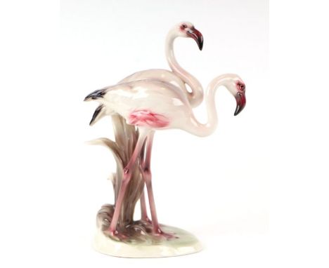 A West German Wien porcelain figural group of two flamingos, model 2709, 22cms high.