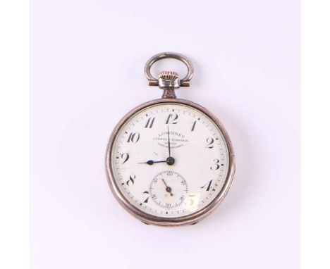 A Longines silver cased open faced pocket watch with yellow metal overlay, the white enamel dial with Arabic numerals and sub