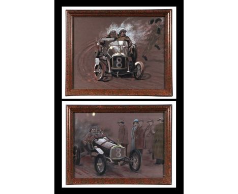 Sue Hill (modern British) - A study of a veteran racing car no. 8 with driver and riding mechanic, pencil and pastel heighten