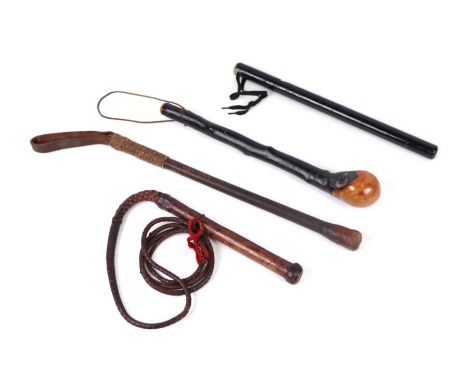 A leather bull whip; together with a leather cosh and two similar coshes (4).