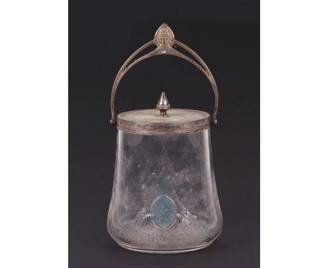 A WMF cut glass biscuit barrel with blue enamel decoration, 14cms high.