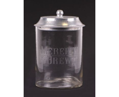 A vintage Meredith &amp; Drew's counter top advertising glass and aluminium biscuit barrel, 15cms diameter.