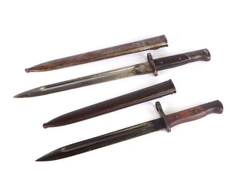 A British Lee Metford bayonet and scabbard, 45cms long; together with another similar, 39cms long (2).