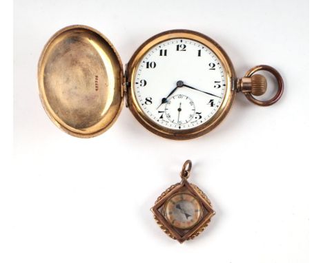 A gold plated full hunter pocket watch, the white enamel dial with Arabic numerals and subsidiary seconds dial at 6 o'clock, 