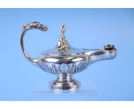 A late Victorian silver table oil lamp with griffin terminal to the scroll handle, William Gibson &amp; John Lawrence for Gol