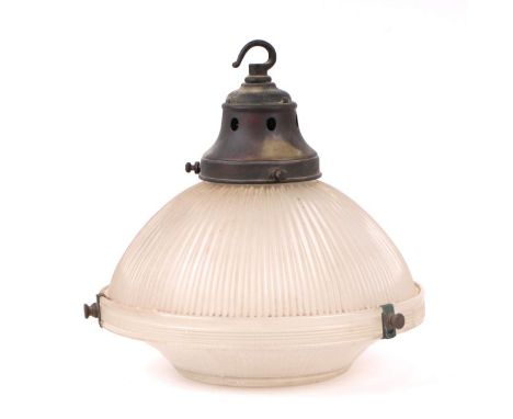 An early 20th century Holophane glass ceiling light with pendant, approx 22cms diameter. 