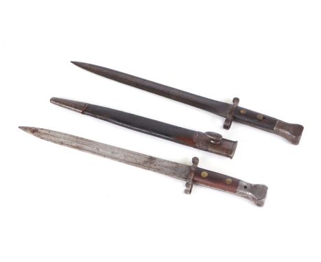 A British pattern 1888 Lee Metford bayonet with scabbard, 44cms long; together with another similar (2).