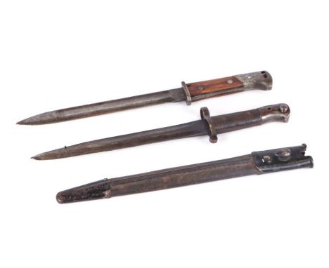 A rare SMLE 1903 pattern rifle bayonet reduced in length, 36cms long; together with another bayonet and a metal scabbard (3).