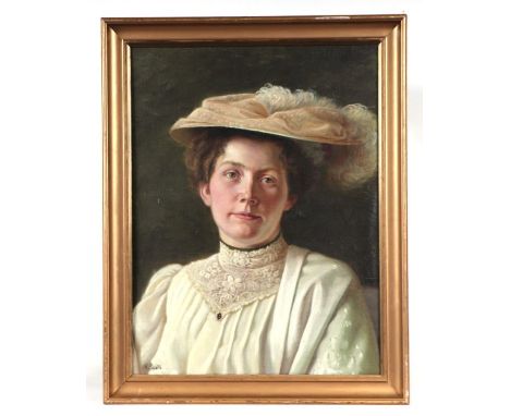 H Berth (British school) - a head and shoulder portrait of a Victorian or Edwardian lady wearing a bonnet and a white dress w