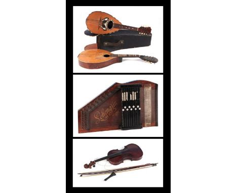 A two-piece back violin, 59cms long, in a wooden case with two bows (a/f); together with an Italian mandolin with  butterfly 