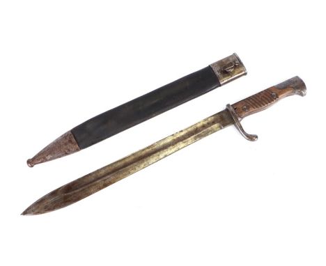 A German (1889/05) Butcher bayonet with leather scabbard, 52cms long.