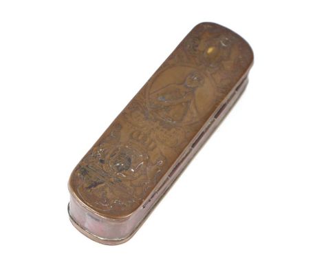 An 18th century Dutch style brass and copper snuff box with portraits of George II and George III of Great Britain, 15.5cms l