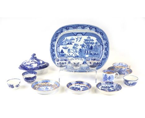 A group of Worcester First Period blue &amp; white tea bowls; together with other blue &amp; white ceramics.