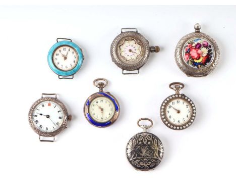 A group of silver cased fob watches including enamel examples together with watches and watch cases. (7)Condition ReportWeigh