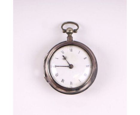 A George III silver pair cased pocket watch, the white enamel dial with Roman numerals and fitted with a fusee movement with 