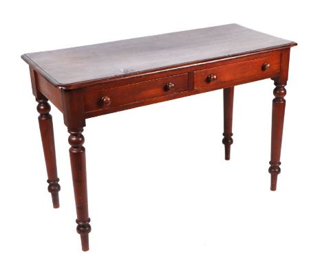 A Victorian mahogany side table with three frieze drawers, on ring turned legs, 108cms wide; together with an Edwardian two-t