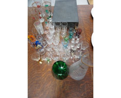 MIXED SELECTION OF GLASSWARE
including a boxed set of wine glasses with coloured stems, a 1960's decanter and matching glass,