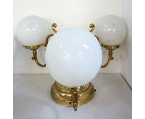 GILT BRASS CEILING LIGHT
with three scroll arms and opaque circular glass shades 