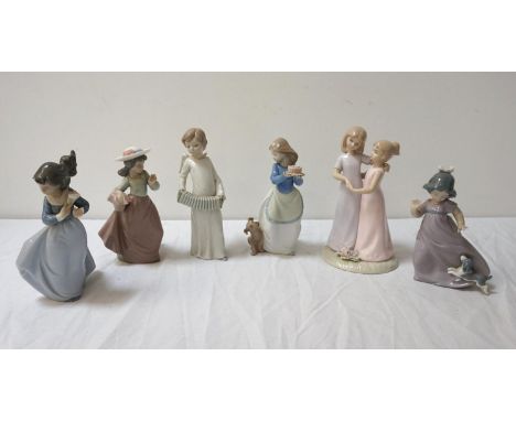 FIVE NAO PORCELAIN FIGURINES
including a young girl holding a cake with a dog beside her, 18.5cm high; a girl holding a posy,