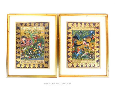 A pair of Mughal textiles depicting hunting scenes; sight size approximately 29.5cm x 21.5cm.