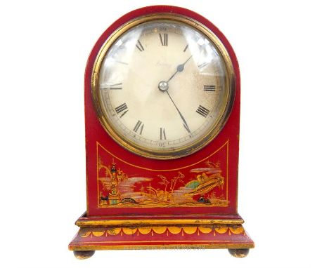 A 1920's, red Chinoiserie clock by Asprey, having a large circular dial with black Roman numerals, the dial signed 'Asprey' i