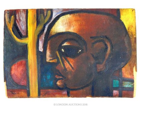 A mid to late 20th century unframed oil on plywood portrait of a bald man in profile, signed Thilo M lower left, 24.5 x 35cm.