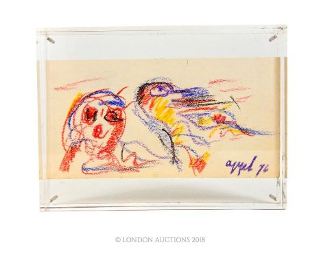 After Karel Appel (Dutch, 1921-2006), double sided crayon portrait studies, dated '76, sight size 10 x 19cm, framed in a pers
